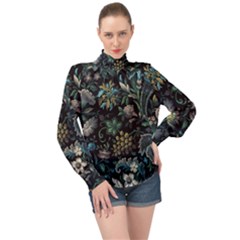 Pattern Flowers Plants Leaves High Neck Long Sleeve Chiffon Top