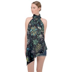 Pattern Flowers Plants Leaves Halter Asymmetric Satin Top