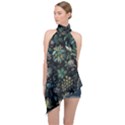 Pattern Flowers Plants Leaves Halter Asymmetric Satin Top View1