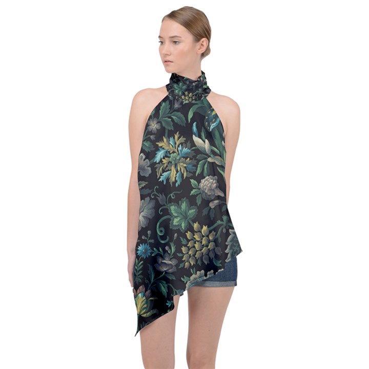 Pattern Flowers Plants Leaves Halter Asymmetric Satin Top