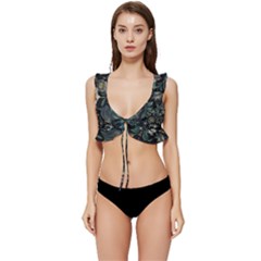 Pattern Flowers Plants Leaves Low Cut Ruffle Edge Bikini Top