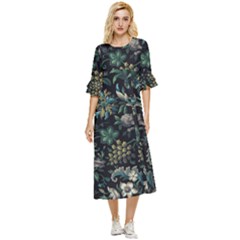 Pattern Flowers Plants Leaves Double Cuff Midi Dress