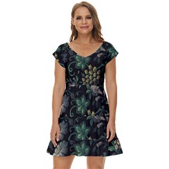 Pattern Flowers Plants Leaves Short Sleeve Tiered Mini Dress