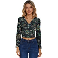 Pattern Flowers Plants Leaves Long Sleeve V-neck Top