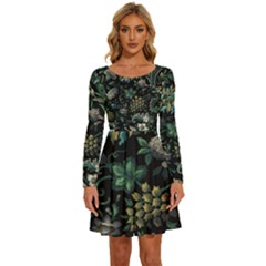 Pattern Flowers Plants Leaves Long Sleeve Wide Neck Velvet Dress