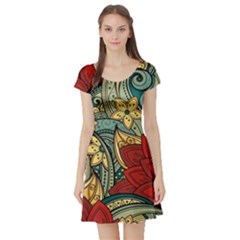 Pattern Shape Colorful Flower Leaves Short Sleeve Skater Dress