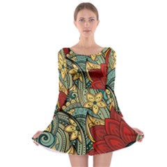 Pattern Shape Colorful Flower Leaves Long Sleeve Skater Dress