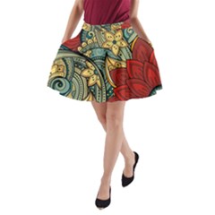 Pattern Shape Colorful Flower Leaves A-line Pocket Skirt