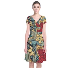 Pattern Shape Colorful Flower Leaves Short Sleeve Front Wrap Dress