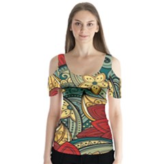 Pattern Shape Colorful Flower Leaves Butterfly Sleeve Cutout T-shirt 