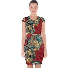 Pattern Shape Colorful Flower Leaves Capsleeve Drawstring Dress 