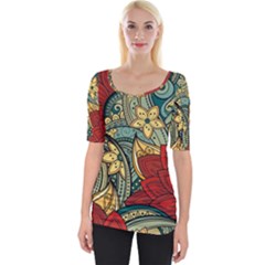 Pattern Shape Colorful Flower Leaves Wide Neckline T-shirt