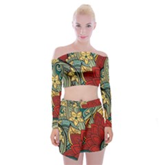 Pattern Shape Colorful Flower Leaves Off Shoulder Top With Mini Skirt Set