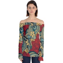 Pattern Shape Colorful Flower Leaves Off Shoulder Long Sleeve Top