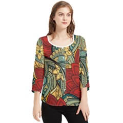 Pattern Shape Colorful Flower Leaves Chiffon Quarter Sleeve Blouse