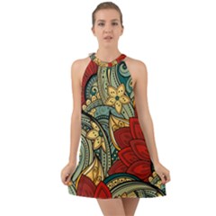 Pattern Shape Colorful Flower Leaves Halter Tie Back Chiffon Dress