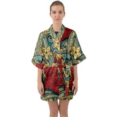 Pattern Shape Colorful Flower Leaves Half Sleeve Satin Kimono 