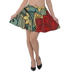 Pattern Shape Colorful Flower Leaves Velvet Skater Skirt by Posterlux