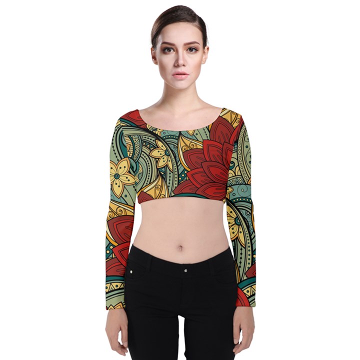 Pattern Shape Colorful Flower Leaves Velvet Long Sleeve Crop Top