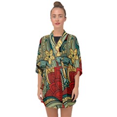 Pattern Shape Colorful Flower Leaves Half Sleeve Chiffon Kimono