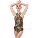 Pattern Shape Colorful Flower Leaves Cross Front Low Back Swimsuit View1