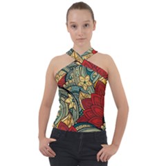 Pattern Shape Colorful Flower Leaves Cross Neck Velour Top by Posterlux