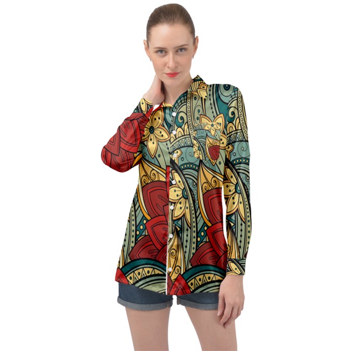 Pattern Shape Colorful Flower Leaves Long Sleeve Satin Shirt