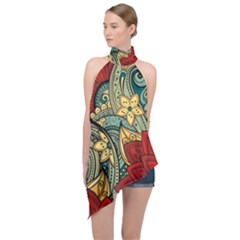 Pattern Shape Colorful Flower Leaves Halter Asymmetric Satin Top by Posterlux