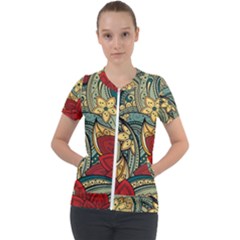 Pattern Shape Colorful Flower Leaves Short Sleeve Zip Up Jacket