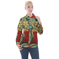 Pattern Shape Colorful Flower Leaves Women s Long Sleeve Pocket Shirt