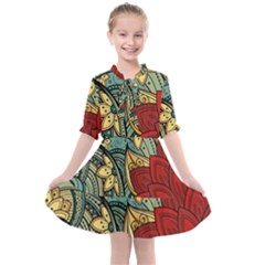 Pattern Shape Colorful Flower Leaves Kids  All Frills Chiffon Dress