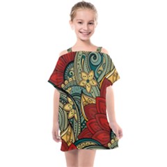 Pattern Shape Colorful Flower Leaves Kids  One Piece Chiffon Dress