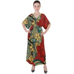 Pattern Shape Colorful Flower Leaves V-neck Boho Style Maxi Dress