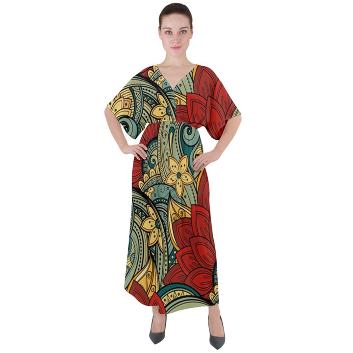 Pattern Shape Colorful Flower Leaves V-Neck Boho Style Maxi Dress