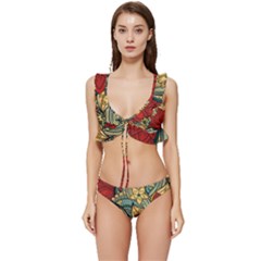 Pattern Shape Colorful Flower Leaves Low Cut Ruffle Edge Bikini Set