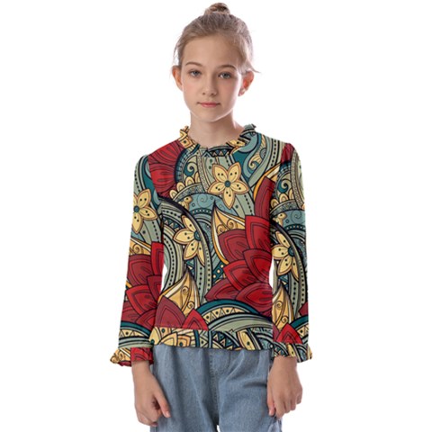 Pattern Shape Colorful Flower Leaves Kids  Frill Detail T-shirt by Posterlux