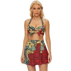 Pattern Shape Colorful Flower Leaves Vintage Style Bikini Top And Skirt Set 