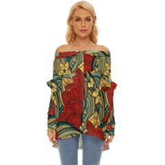 Pattern Shape Colorful Flower Leaves Off Shoulder Chiffon Pocket Shirt