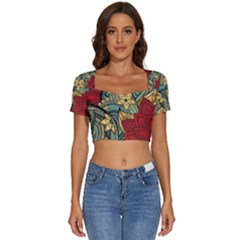 Pattern Shape Colorful Flower Leaves Short Sleeve Square Neckline Crop Top 