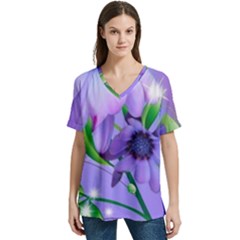 Purple Flower Nature V-neck Split Shoulder Casual T-shirt by Posterlux