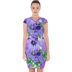 Purple Flower Nature Capsleeve Drawstring Dress 