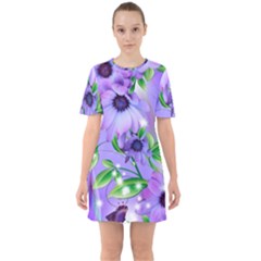 Purple Flower Nature Sixties Short Sleeve Mini Dress