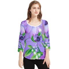 Purple Flower Nature Chiffon Quarter Sleeve Blouse