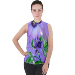 Purple Flower Nature Mock Neck Chiffon Sleeveless Top by Posterlux