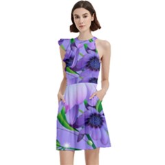 Purple Flower Nature Cocktail Party Halter Sleeveless Dress With Pockets