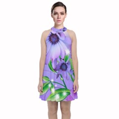 Purple Flower Nature Velvet Halter Neckline Dress 