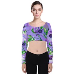 Purple Flower Nature Velvet Long Sleeve Crop Top