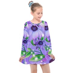 Purple Flower Nature Kids  Long Sleeve Dress