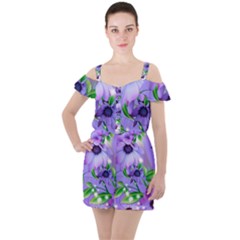 Purple Flower Nature Ruffle Cut Out Chiffon Playsuit by Posterlux