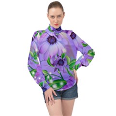 Purple Flower Nature High Neck Long Sleeve Chiffon Top